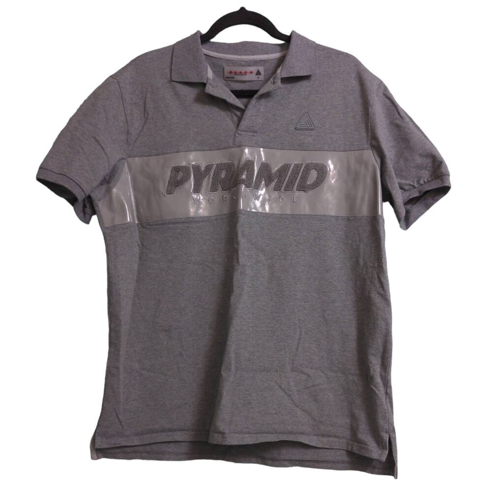 Black Pyramid Chris Brown Polo Shirt Gray Short Sleeve Spellout Cotton Blend XL